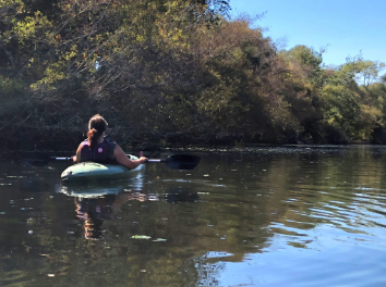 person kayaking river on a nice day